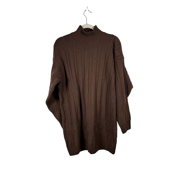 Jaeger Brown Cable Knit Turtleneck Sweater 100% Merino Wool FLAW Mens Medium - Picture 1 of 7